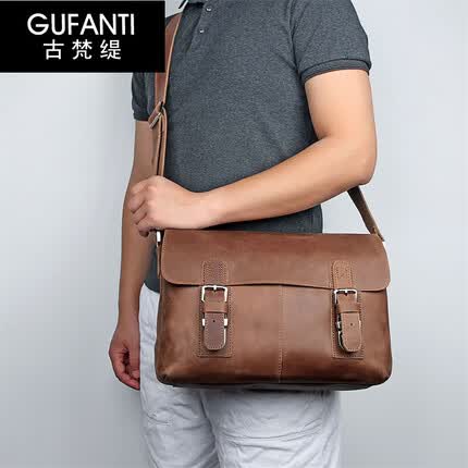 古梵缇单肩包男 复古头层牛皮单肩邮差包 男士办公通勤包男包 gftx-298 棕色 GUFANTI