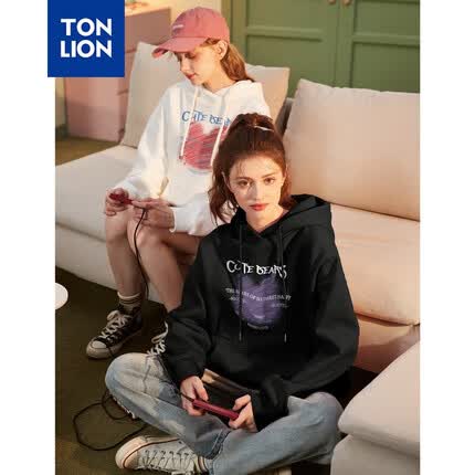 唐狮（TonLion）2023女卫衣连帽宽松可爱图案上衣外套 本白 L 