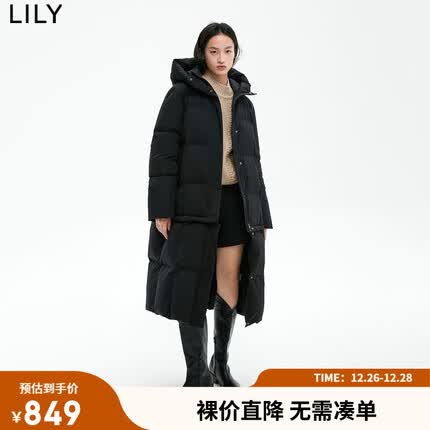 LILY【商场同款】2022冬新款女装时尚保暖连帽纯色长款羽绒服外套 510黑 L