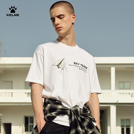 KELME/卡尔美 夏季新款男士短袖T恤衫运动休闲时尚纸飞机图案棉舒适上衣 白色 M