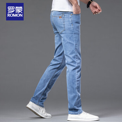 罗蒙牛仔裤男夏季休闲裤男士直筒薄款裤子男商务修身男裤 浅蓝色 32（ROMON）