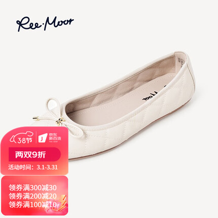 reemoor方头单鞋女2023夏季新款蝴蝶结芭蕾平底鞋软底舒适蛋卷鞋睿慕 米白色 37