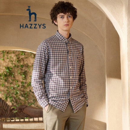 哈吉斯秋冬男装格纹衬衣翻领休闲长袖衬衫男ASCZK11CX68 酒红色WN 175/96A 48