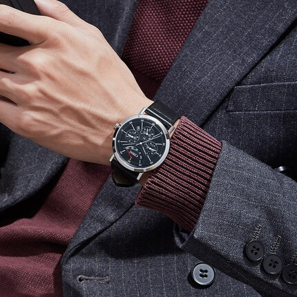 西亚尼全自动机械表飞轮皮带男士手表镂空复古男款手表防水运动腕表 黑面 CIRNI