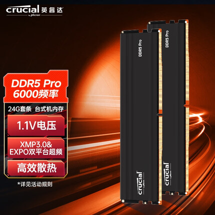 英睿达48GB（24GB×2）套装 DDR5 6000频率 台式机内存条Crucial Pro系列游戏马甲条 美光原厂出品