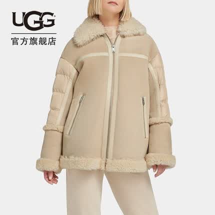 UGG冬季新款女士舒适拉链毛领保暖拼接羽绒服外套 1146610 SAN | 沙色 XS