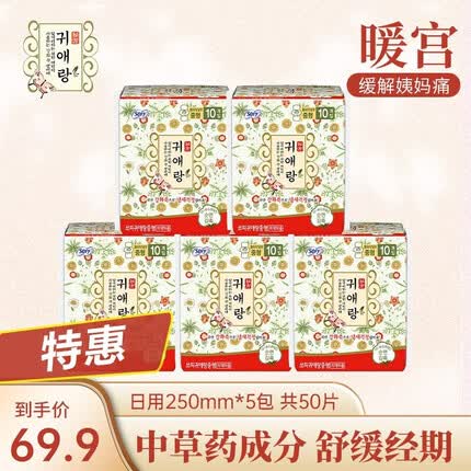 贵艾朗LG贵爱娘韩国原装进口全棉亲肤日用组合套装闺艾朗姨妈巾卫生巾 250mm10片5包【效期至24年8月】
