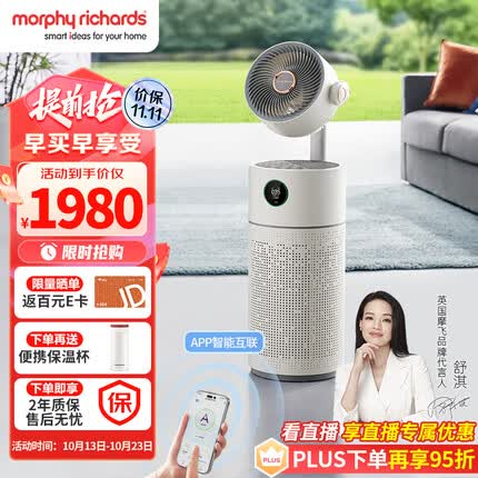 摩飞电器(Morphyrichards)空气净化循环扇 除甲醛除菌除PM2.5除异味空气净化器 家用节能低噪电风扇 APP互联净化扇MR3900