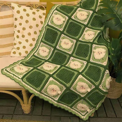 圣柏鹿 解闷手工织毛毯 可爱羊咩咩毛毯子编织diy材料包盖毯钩针手工自 绿色小羊+教程工具 大款(90cm*1