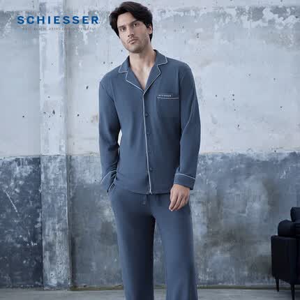 舒雅(Schiesser)男士玻尿酸保湿厚款德绒睡衣家居服套装E5/21917H 中蓝 L