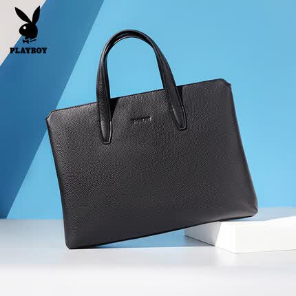 花花公子公文包男士商务手提大容量头层14英寸笔记本电脑包黑色