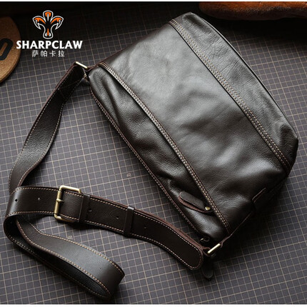 萨帕卡拉复古男士包包单肩斜挎包软牛皮通勤休闲邮差背包 深咖啡 SHARPCLAW