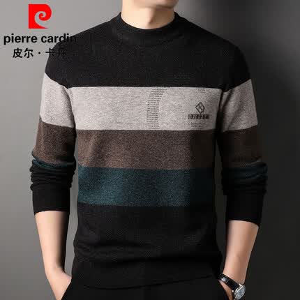 皮尔卡丹 纯羊毛衫男加厚冬季条纹圆领毛衣中青年爸爸半高圆领打底针织衫