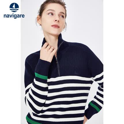Navigare意大利小帆船半开领针织衫女翻领条纹毛衣2334043501 蓝/白 M 
