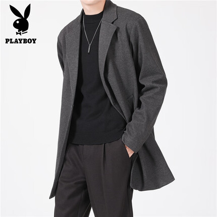 花花公子(PLAYBOY)毛呢大衣男秋冬季韩版潮流呢子外套男士中长款翻领上衣抗皱免烫时尚男装 灰色 3XL