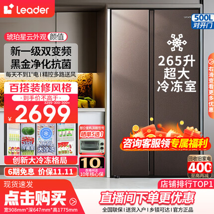 Leader海尔冰箱500升对开门冰箱双开门冰箱一级能效双变频净味保鲜大容量超薄家用智能家电冰箱 大冷冻+黑金净味+风冷无霜+一天不到1度电