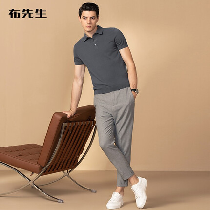 布先生夏季凉感翻领短袖t恤男士商务休闲针织透气凉爽男装上衣AT11826 深灰色 L/175