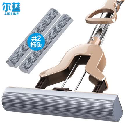 尔蓝 家用不锈钢拉杆对折胶棉拖把 海绵拖布免手洗懒人2个头AL-JM01