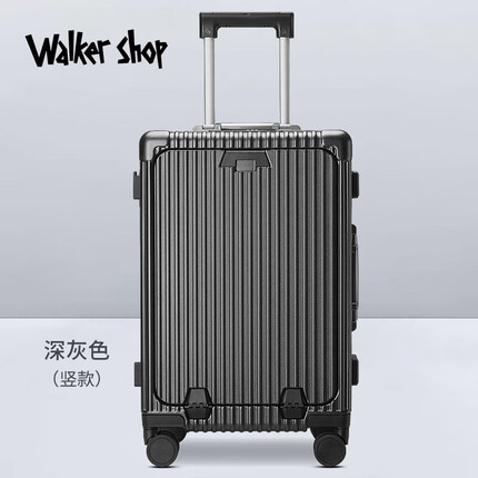 Walker Shop品牌行李箱多功能 前开盖 加厚铝框密码箱拉杆箱干湿分离旅行箱 深灰色 前开盖+USB充电 24寸