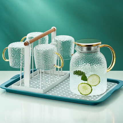 忆壶茶玻璃杯凉水杯耐高温大容量喝水杯果汁聚会聚餐杯架托盘套装7件套