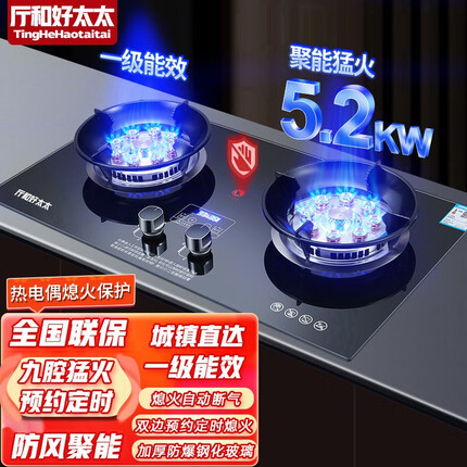 厅和好太太燃气灶 双灶家用煤气灶天然气液化气鸳鸯灶台嵌两用猛火炉具 定时猛火双九腔+防风聚能+钢化玻璃 天然气