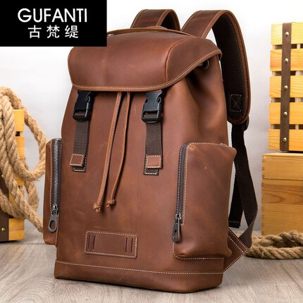 古梵缇双肩包男 复古头层牛皮双肩包商务休闲大容量电脑背包 gftx-128 咖啡色 GUFANTI