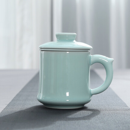 涵青堂 龙泉青瓷茶杯同心杯大容量喝茶陶瓷杯创意家用办公杯带盖过滤水杯马克杯 礼盒装 粉青