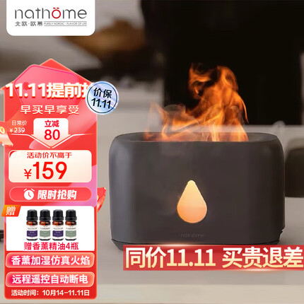 北欧欧慕（nathome） 香薰机仿真火焰加湿器卧室家用办公室夜灯桌面迷你低噪空气增湿机送好友礼物NJH18送女友礼物 三档定时 远程遥控【流星灰+精油4瓶】