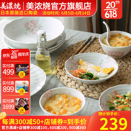 美浓烧（Mino Yaki） 美浓烧樱花陶瓷碗碟盘子套装家用组合简约个性日式餐具套装 间取樱花10件套