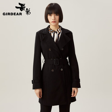 哥弟(GIRDEAR)【GD】通勤中长款双排扣风衣女外套(附腰带)1400276 黑 XL(5码)
