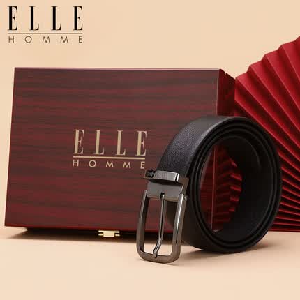 ELLE HOMME男士商务皮带头层牛皮针扣腰带 304不锈钢扣头 高档礼盒37515黑色