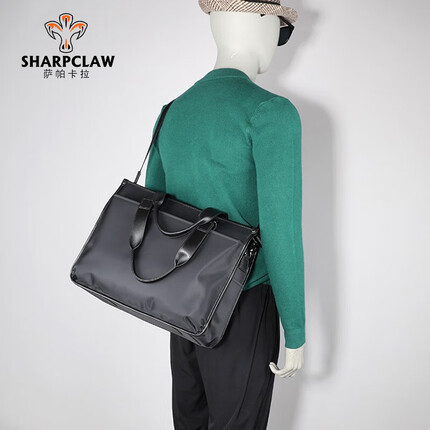 萨帕卡拉文包男帆布大容量手提电脑包商务出差文件包两侧袋可装 黑色 可放15.6寸电脑 SHARPCLAW