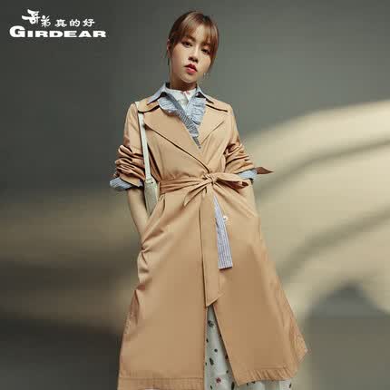 哥弟真的好中长款双排扣系腰带风衣女通勤纯色外套8400024 卡其 M(3码)