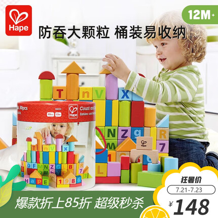 Hape木质大颗粒积木 儿童早教玩具字母数字启蒙积木男女孩儿童节礼物 E8402 80粒桶装字母数字积木