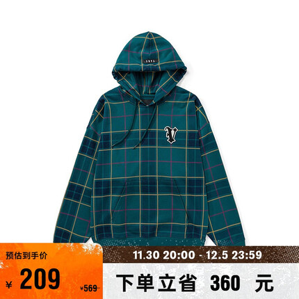 VANS范斯官方 绿色格纹印花宽松休闲男女情侣连帽卫衣 绿色格纹印花 L