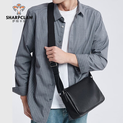 萨帕卡拉男士单肩斜挎包简约通勤软牛皮小包男款高级感头层牛皮包 黑色 SHARPCLAW