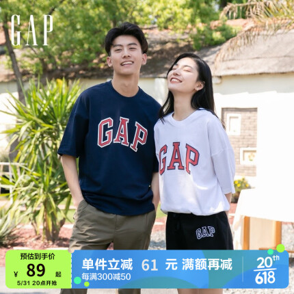 Gap【亲肤】男女装LOGO纯棉短袖T恤688537 夏季美式复古运动上衣 白色 180/96A(M)