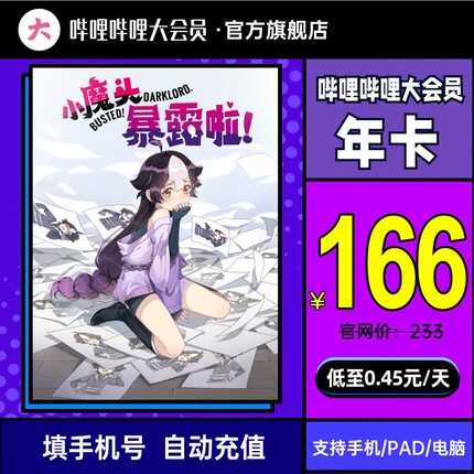 哔哩哔哩vip会员12个月 bilibili大会员B站大vip年卡 填手机号