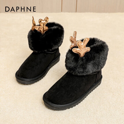 达芙妮（DAPHNE）雪地靴女加绒加厚女鞋2023新款冬皮毛一体短筒平底保暖棉鞋 小鹿黑 35