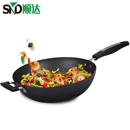 顺达(SND) 真不锈精铁炒锅铁锅炒菜锅燃气电磁炉通用 9132 34CM带副手柄