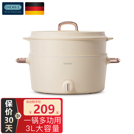 OIDIRE 德国OIDIRE 电煮锅 电炖锅电蒸锅电热锅电炒锅电煎锅电火锅家用多功能一体锅宿舍小锅学生煮面锅 ODI-DHG011 雅杏白 升级款【带蒸笼】