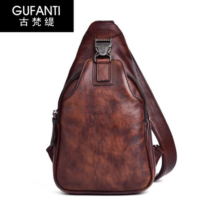 古梵缇单肩斜挎包男 复古头层牛皮休闲单肩挎包大容量男士胸包gftx-93P 咖啡色 GUFANTI