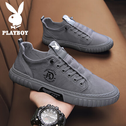花花公子(PLAYBOY)鞋子男鞋2023秋冬季帆布鞋男款百搭休闲鞋男士运动鞋 灰色 41