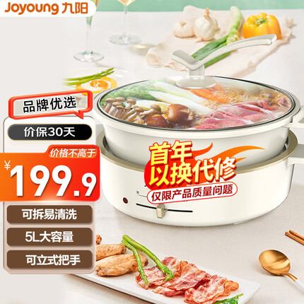 九阳(Joyoung) 鸳鸯锅 电火锅 家用涮肉分体式火锅多功能 插电5L大容量电热电煮锅 HG50-E16
