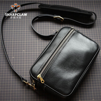 萨帕卡拉简约休闲通勤男包牛皮单肩斜挎包邮差包 黑色 无肩垫 SHARPCLAW