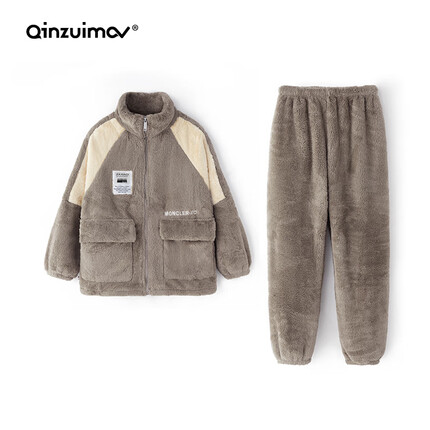 亲嘴猫(QINZUIMAO)睡衣男冬季加厚运动风休闲珊瑚绒长袖家居服秋冬款男士可外穿套装 4572海鸥灰 L (身高165-175体重100-134)