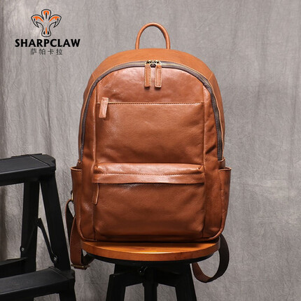萨帕卡拉复古双肩包男休闲背包大学生书包植鞣皮大容量电脑包 复古棕 可放14寸电脑 SHARPCLAW