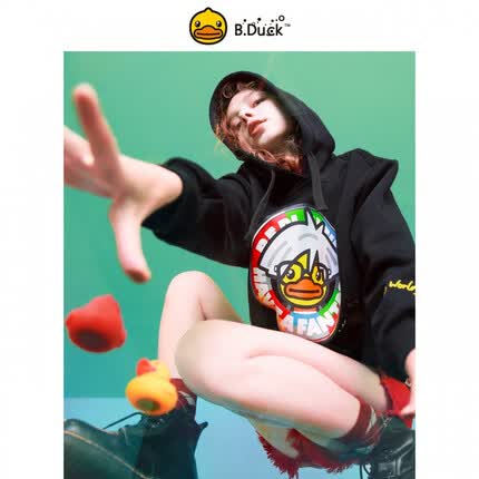 B.Duck小黄鸭2019秋冬季新款波普风卫衣女宽松韩版加绒加厚ins潮 黑色 M