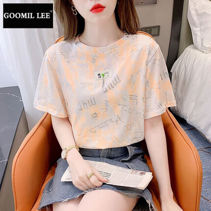 GOOMIL LEE薄款t恤女短袖chic港味上衣2023新款夏款宽松字母印花休闲衣服 橘色 S