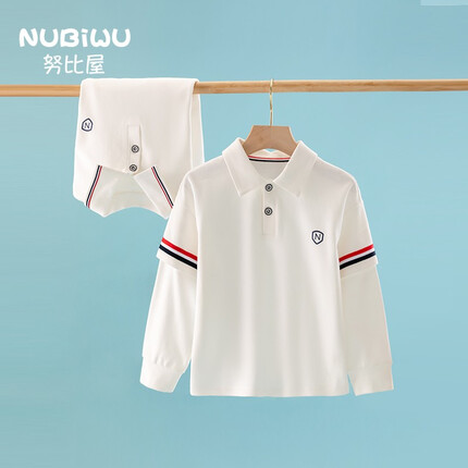 努比屋 儿童T恤春秋中大童衣服假两件拼接上衣文艺学院风男童长袖卫衣 彩色条纹 120cm 适合身高105-114体重35-45斤